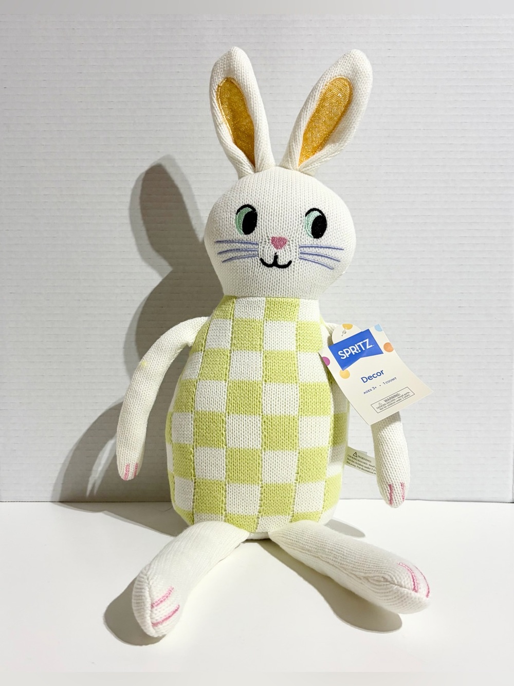 Easter Bunny Rabbit Knit White Green Checked 22” Shelf Sitter Spritz Target NEW